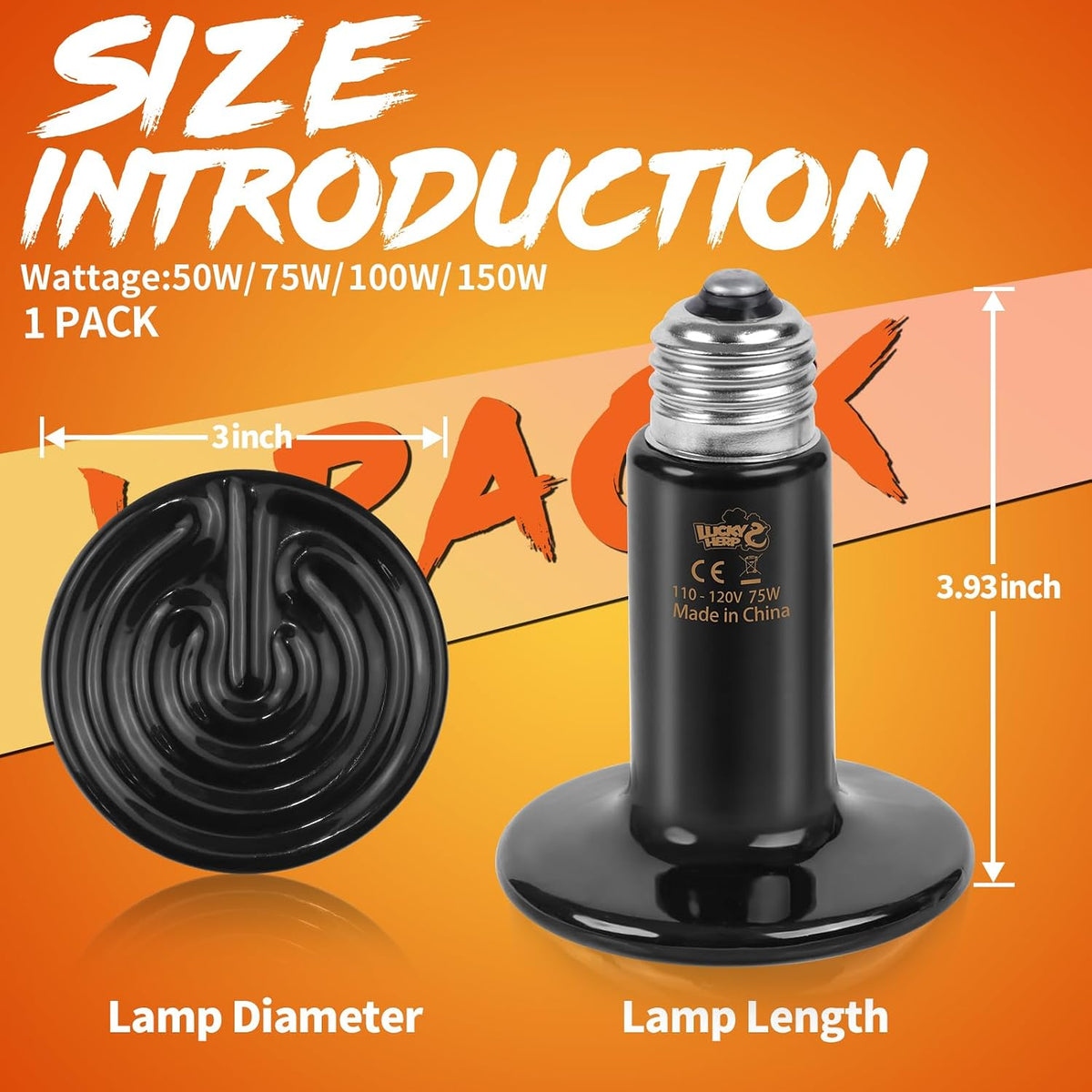 LUCKY HERP Heat Lamp Bulbs, 150W Reptile Heat Lamp 2 Pack - Ceramic Heat Emitter / 75W 1-Pack - image 2