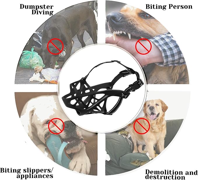 Dog Muzzle, Breathable Basket and Soft Cage Black Dog Mouth Cover,Anti-Biting, Barking and Chewing for Small Medium Large Dogs, 1 Pack Poop Bags for Dogs (Medium)