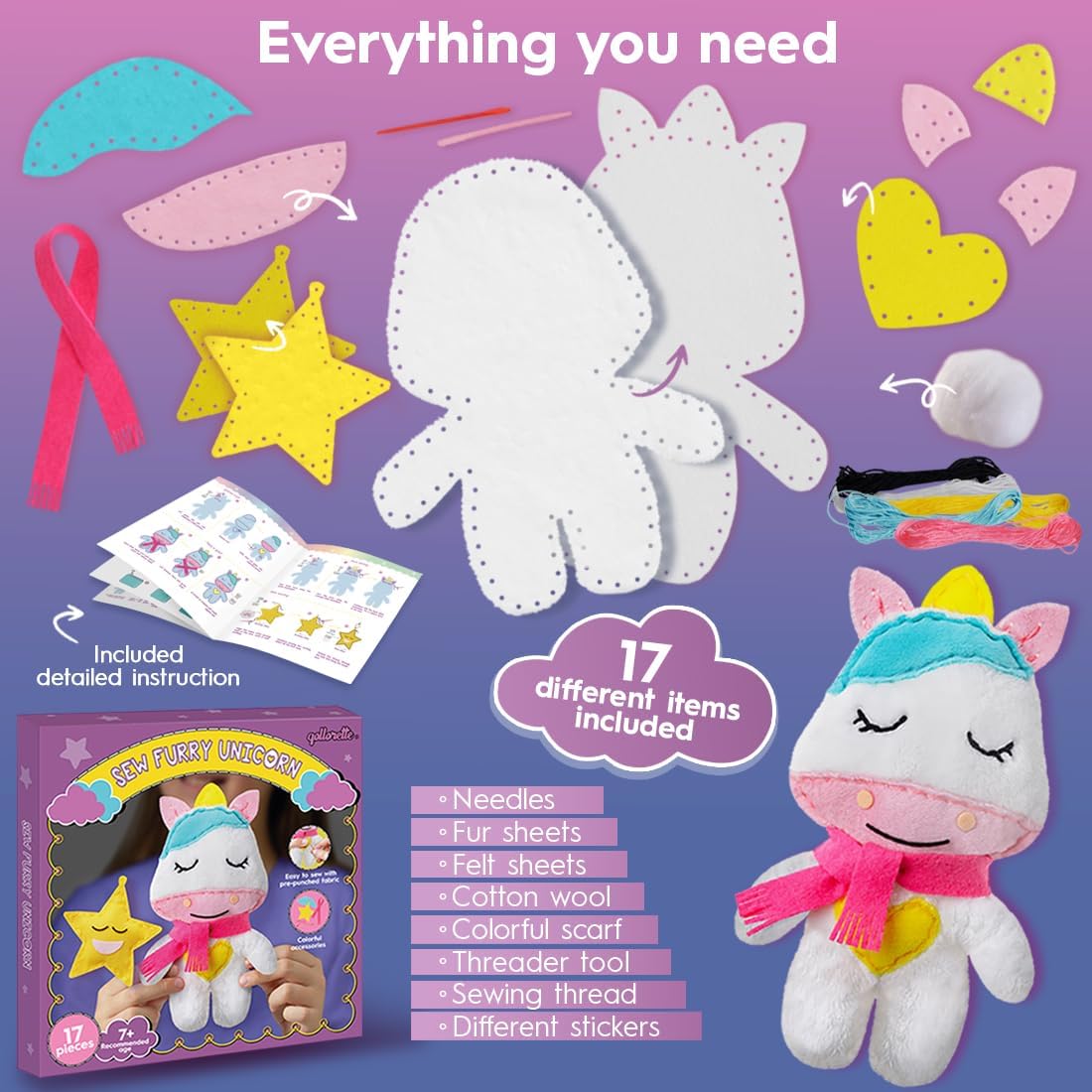 Qollorette felt sewing kit for kids with a handmade kitty stuffed toy and outfits - view 11
