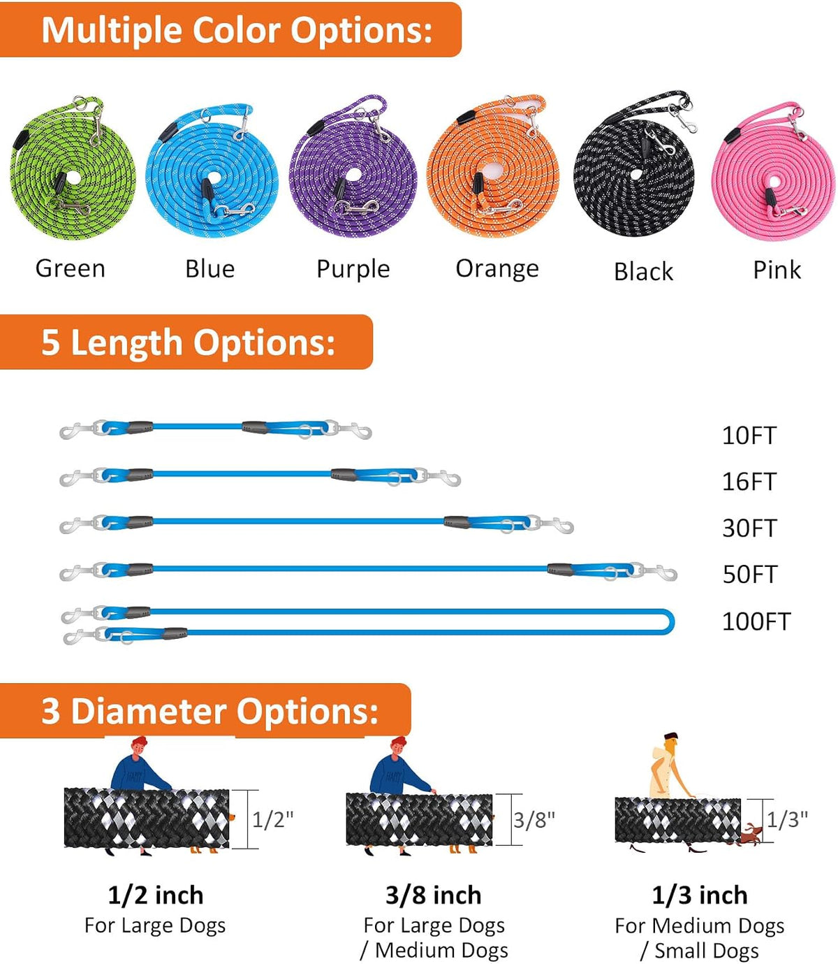Long Dog Leash for Training 10FT/16FT/20FT/30FT/50FT/100FT - 20FT* 3/8 inch / 1Pack Pink - image 3