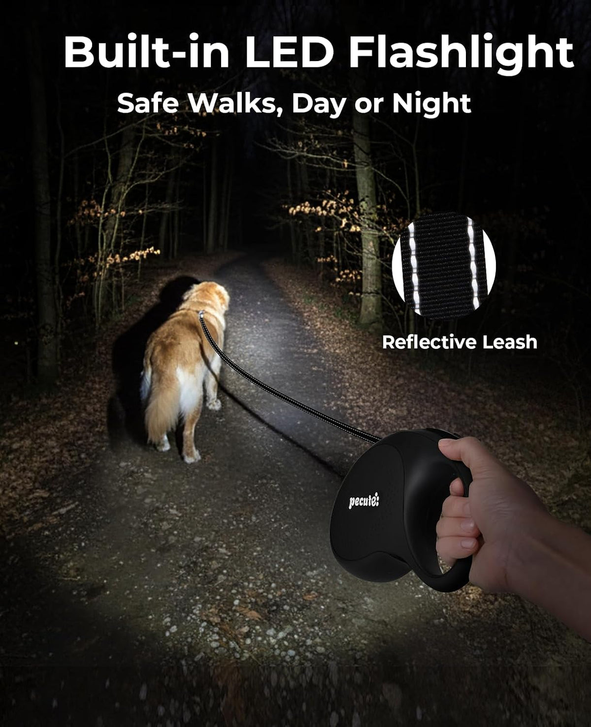 Retractable Dog Leash with Light, 360° Tangle-Free - Black with LED light / Large-26ft - image 2