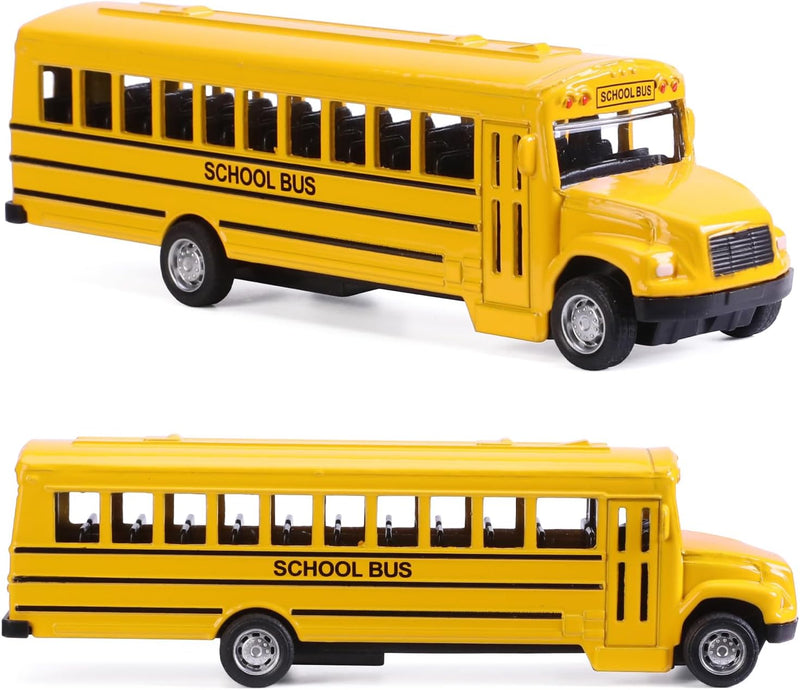 DUNRIOG 2 pack yellow die-cast pull back school bus toys, 5.5 inches long