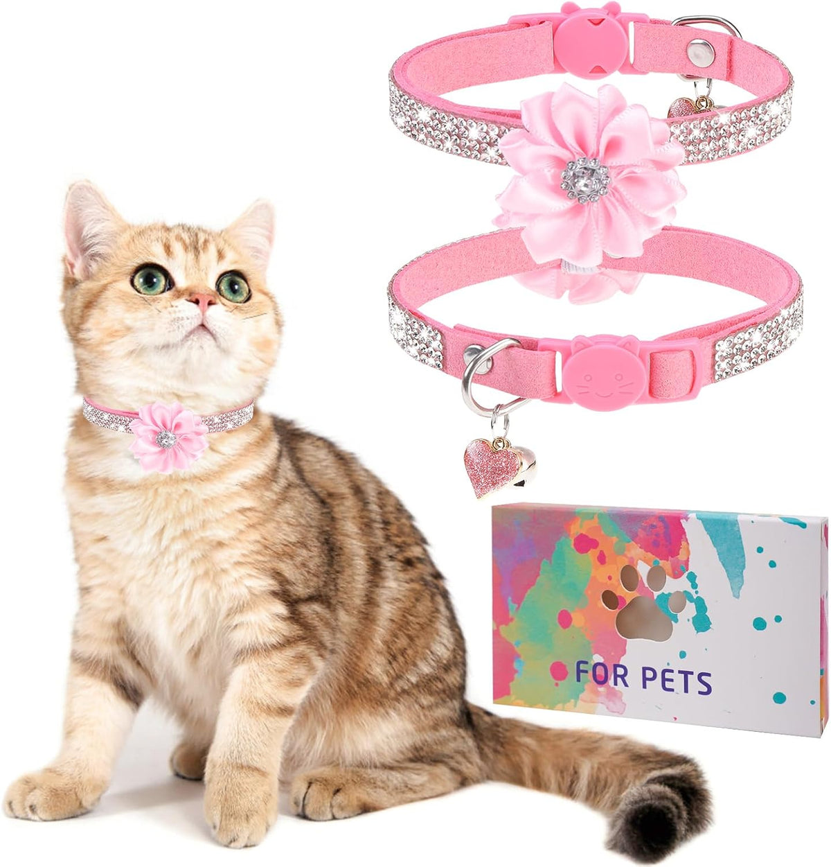 Rhinestone Cat Collar Breakaway, Bling Sparkly Diamond - Flower Pink / 8"-12" Cats / Mini Dogs