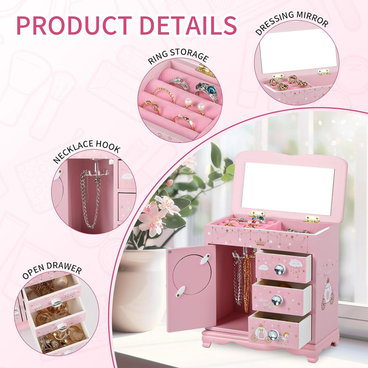 JIUYUAEZ pink princess castle jewelry box for girls with multi-grid storage - view 4