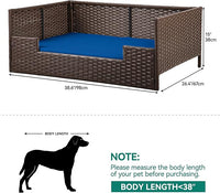YITAHOME Rattan Dog Sofa Bed with Cushion, Wicker Pet Bed Sofa Couch Indoor Outdoor Waterproof for Large Medium Small Dogs Cats (38.6''L*26.4''W*15''H,Blue)