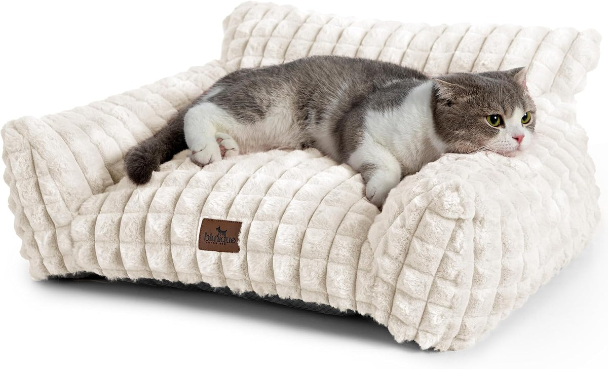 Cat Couch Bed with Fluffy Faux Rabbit Fur for Indoor Cats - Off White / Small: 24"L x 18"W x 10"Th