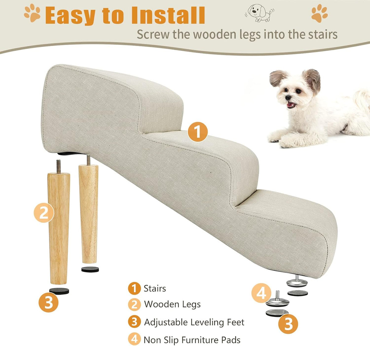Senneny Imitation Linen Faux Leather Dog Stairs - Light Beige（3 stairs） - image 4