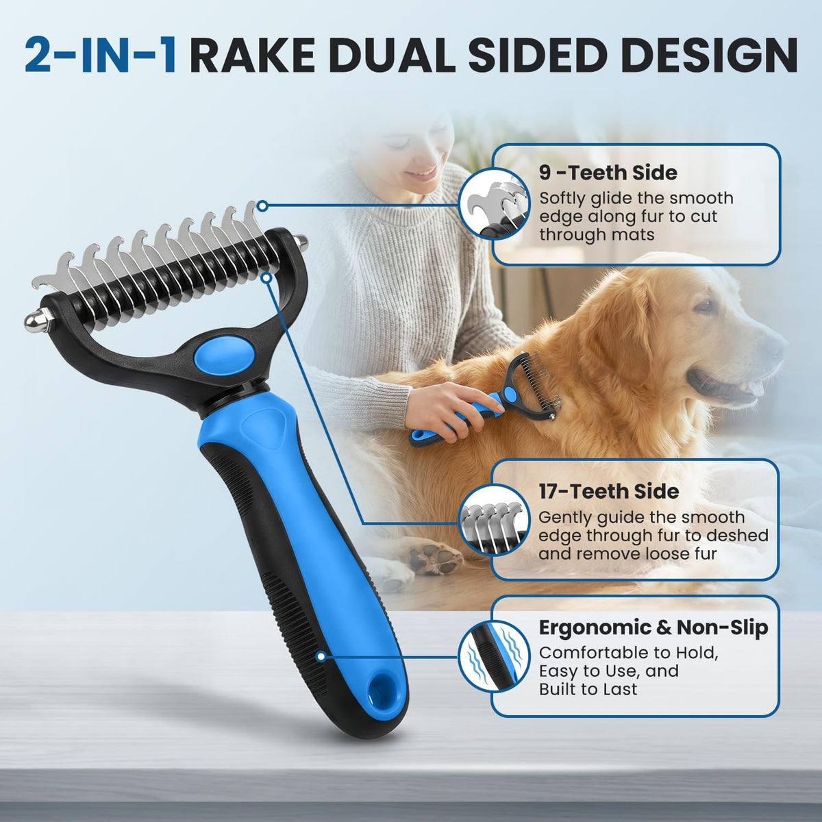 Dog Grooming Rake 4-in-1 Kit, Deshedding Undercoat Rake - Blue - image 2