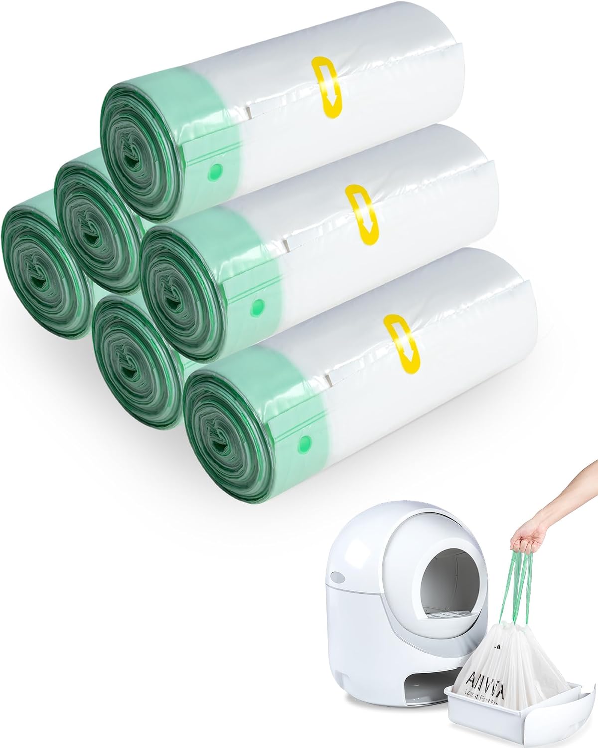 ANWA 40 Count Automatic Litter Box Bags - 20 Count (Pack of 6) / White