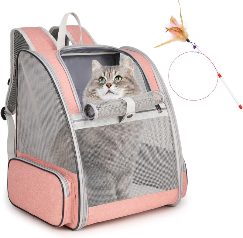 Cat Backpack Carrier, Small Dog Carrier Backpack with Fully Ventilated Mesh, Kitten Wand Feather - Pink
