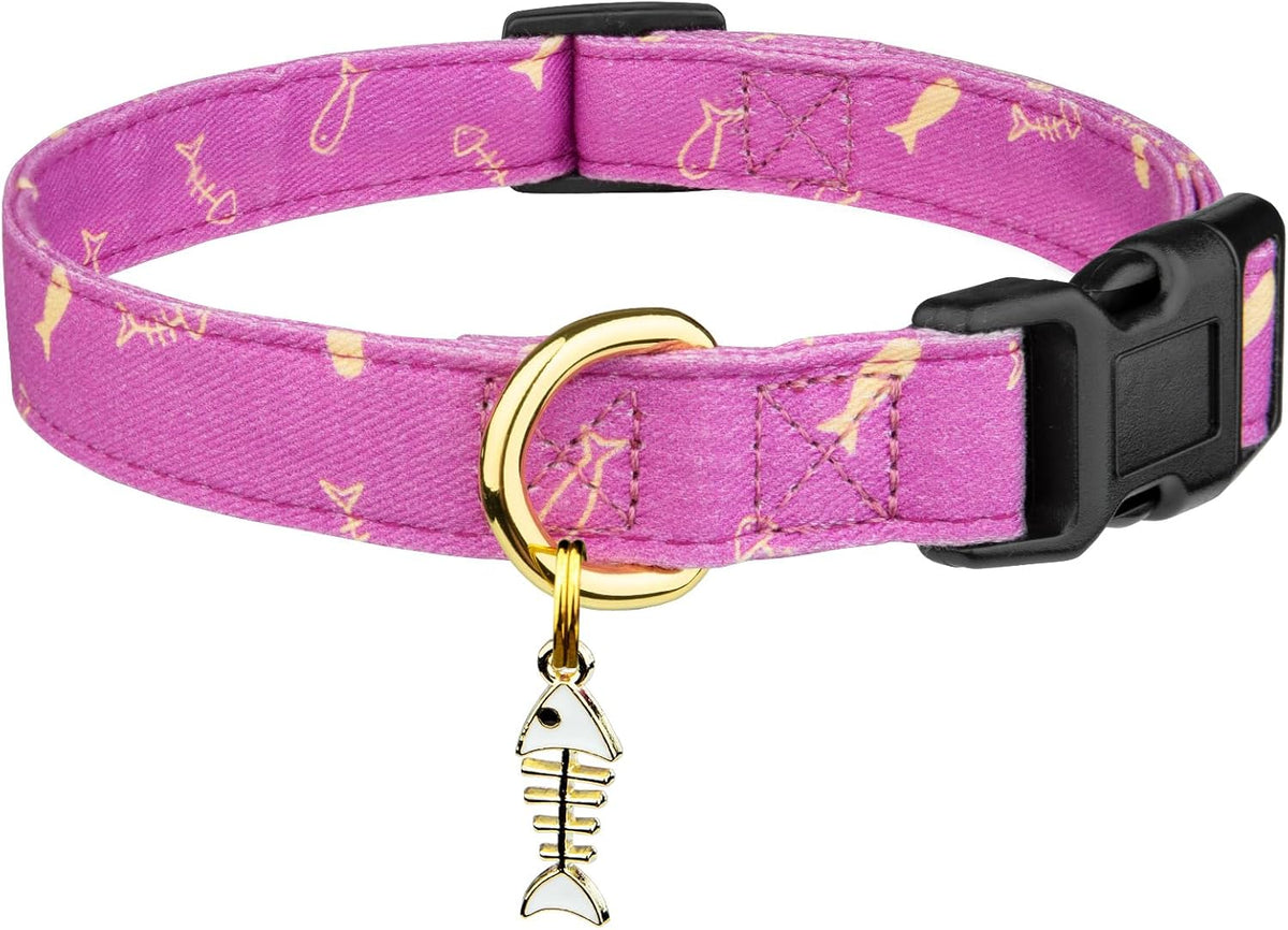 Cotton Dog Collar White and Pink Love Heart with Pendant Cute Dog - Purple Fish / S