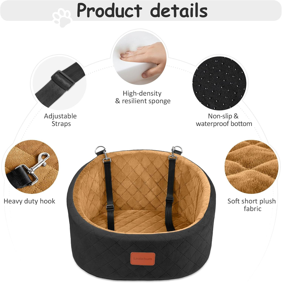 Lealchum Dog Car Seat for Small Dogs Up to 30 Lbs with 2 Safety Dog - Black/Coffee / Small - image 2