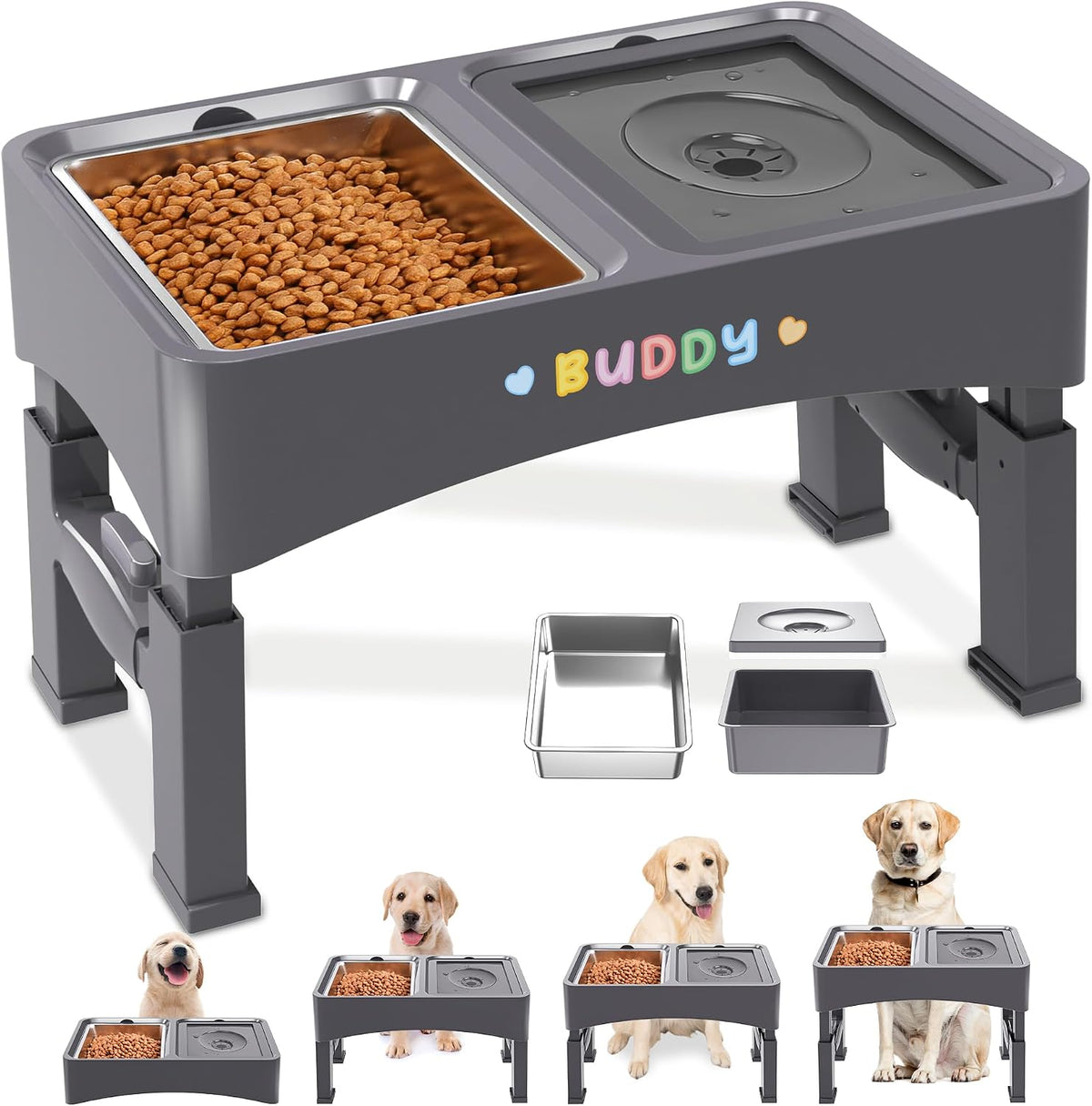 3-in-1 Elevated Dog Bowls with 4 Height Adjustable Raised Stand – Essentials for Dogs - Grey / 2-in-1 Dog Bowls Set