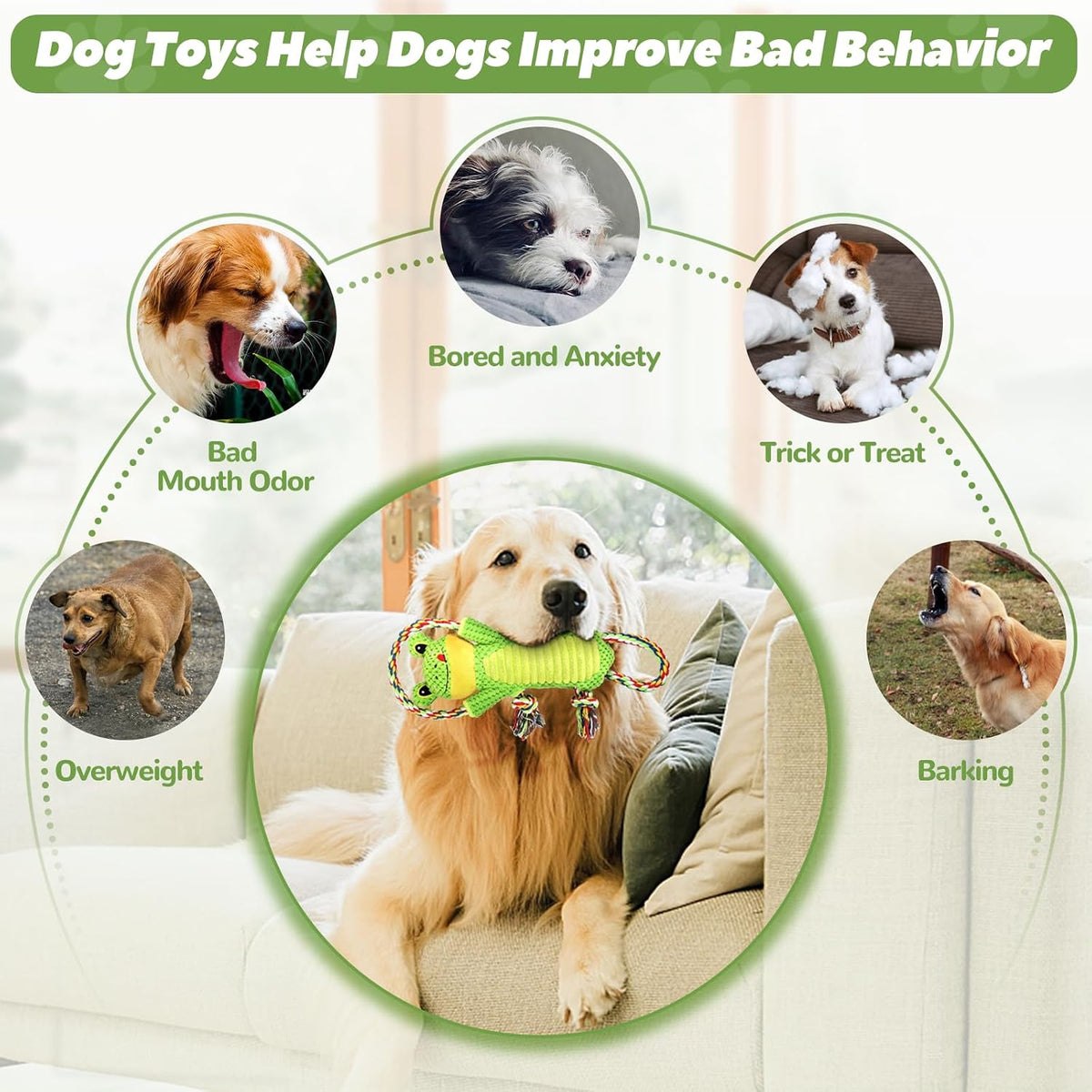 Letsmeet Plush Dog Toy with Crinkle Paper and Ropes - Green - image 3