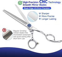 7'' Dog Grooming Scissors CNC 440C Blades Sharp and Durable Polished Thinning Dog Shears with Blue Diamond Adustable Screws Easy to Use for Groomer and Home User