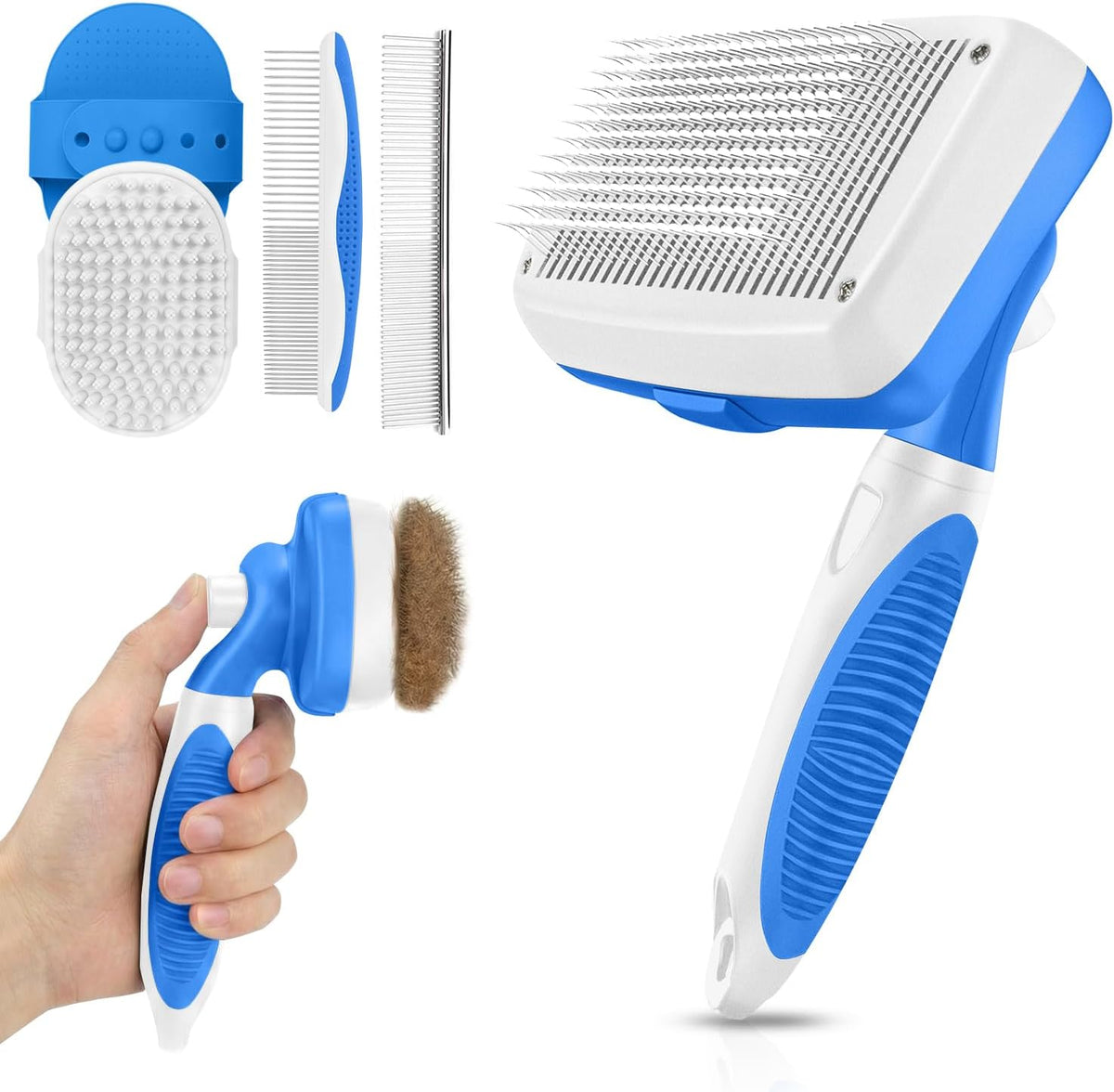 Self Cleaning Shedding Brush, Cats, and Puppies - Blue-White