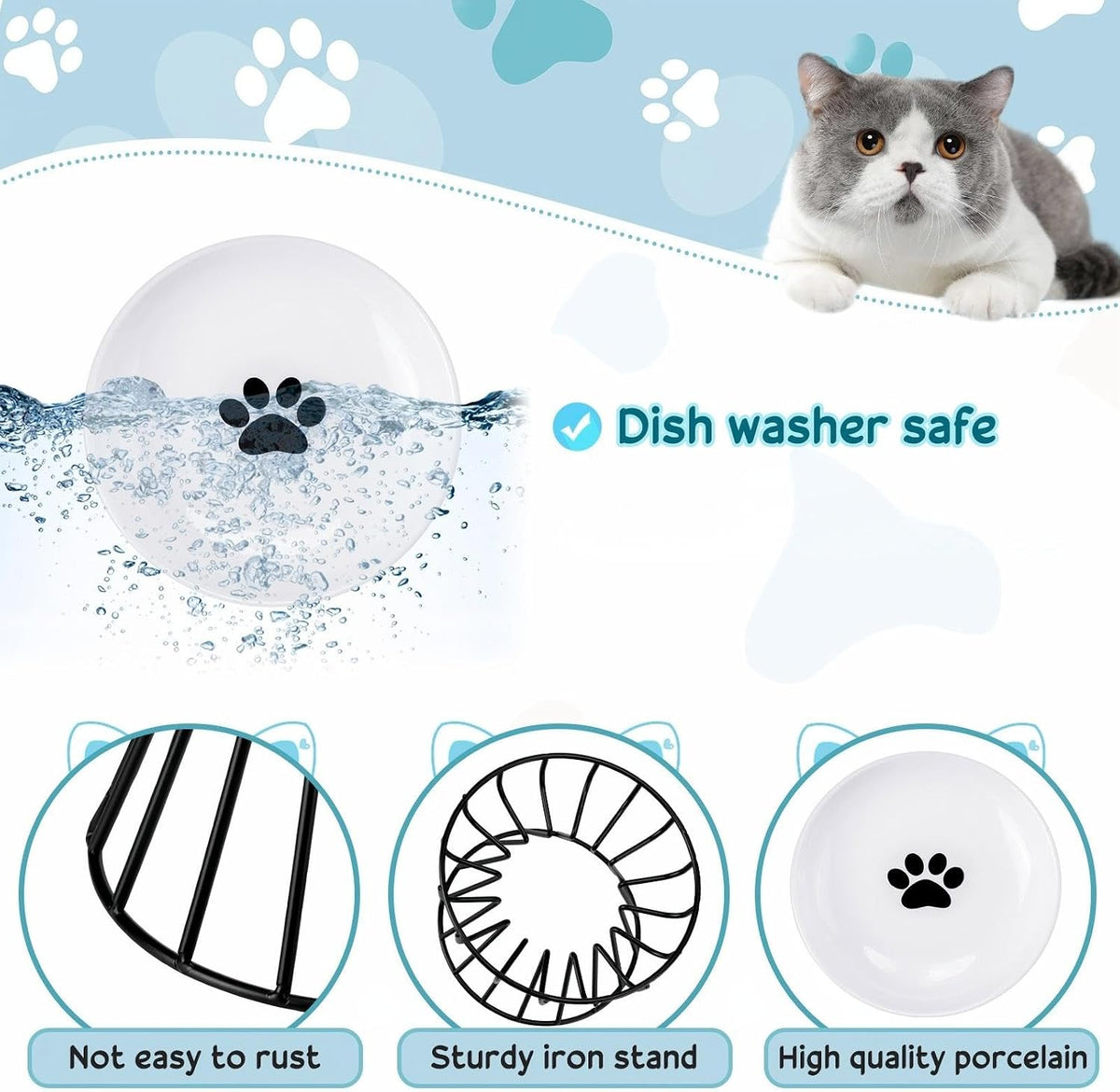 4 Sets Elevated Cat Bowls Ceramic Raised Cat Food Bowls with Metal - Black, Green / Fishbone, Paw - image 3