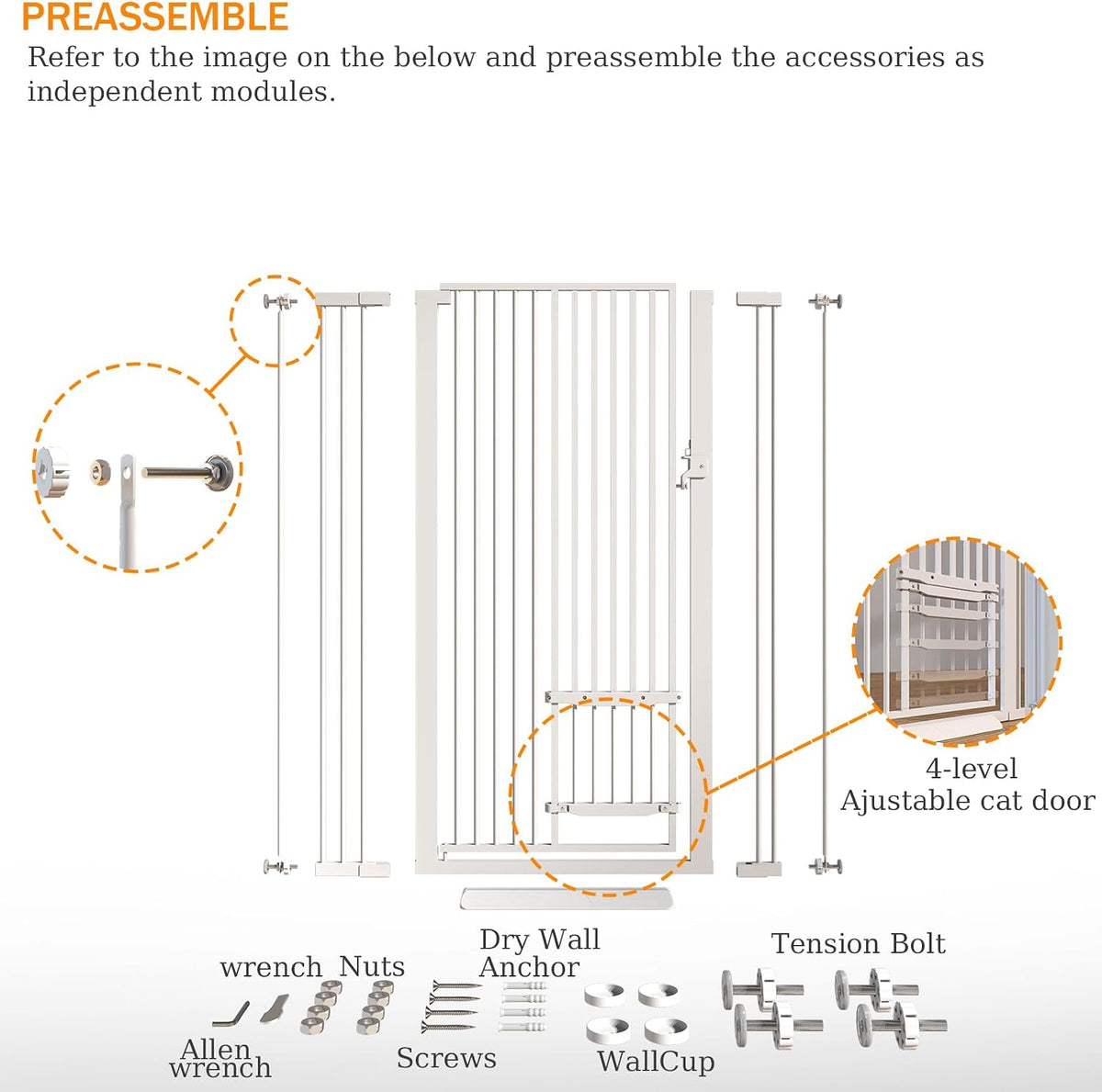 71" Extra Tall Cat Gate 29.5-40.6 Wide Pet gate with Small Cat Door - White / 55.11 inches SET A - image 3