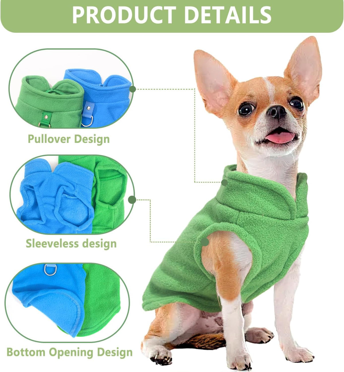 2 Pieces Fleece Dog Sweater Vest Winter Warm Dog Clothes for Small - blue,green / Medium(7-10lbs) - image 2