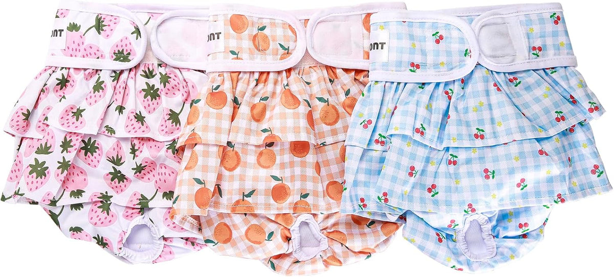 Avont 3 Pack Reusable Dog Diapers Female-Strawberry/Orange/Cherry – Essentials for Dogs - Fruit Pattern - Strawberry/Orange/Cherry / S