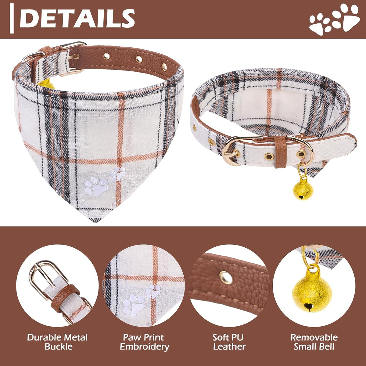 Dog Collar and Leash Set - Embroidery Floral Dog Bow Tie and Bandana Collar with Bell, Cute Flower - Cream / X-Small - image 3