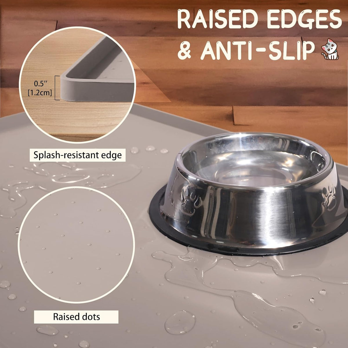 MateeyLife Silicone Cat & Dog Food Mat for Floors Waterproof - Taupe / 18"L x 12"W - image 3