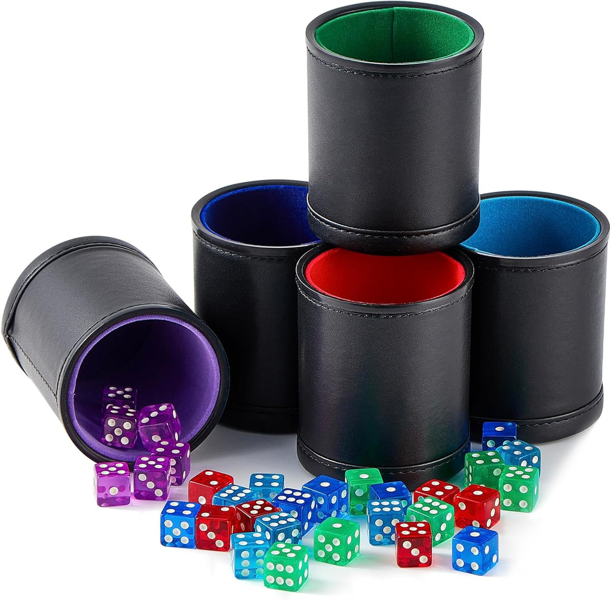 5 Pack PU Leather Dice Cups Felt Lining Quiet Shaker with 30 Dot Dice - Mixed Colors