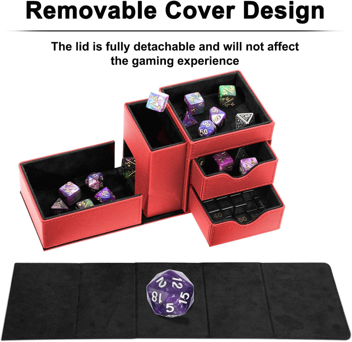 Stepane dice tray and dice tower storage box in black and red PU leather with drawers - view 11