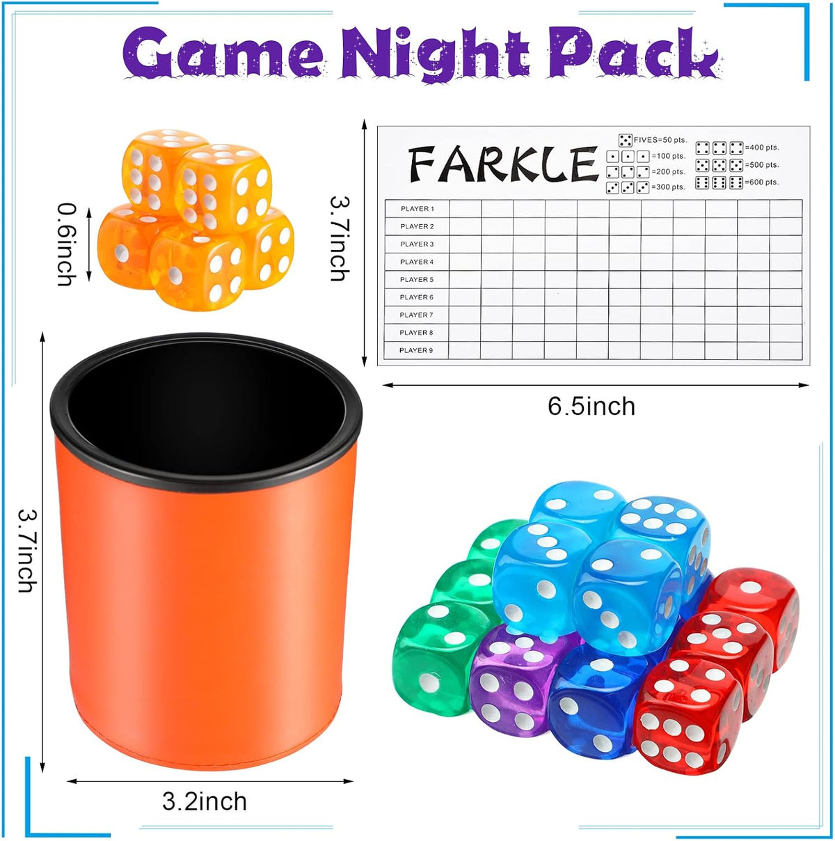 Zhanmai Farkle dice cup set with six PU leather cups, colorful dice and scorecards - view 2