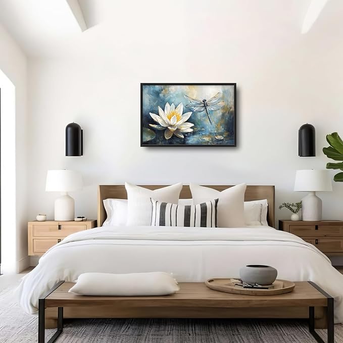 Extra Large Lotus Dragonfly Framed Wall Art for Living Room,Abstract Blue Lotus Flower Lake Pictures Wall Decor,Nature Canvas Print Painting Modern Artwork Bedroom Office Bathroom 36L" x 24W"