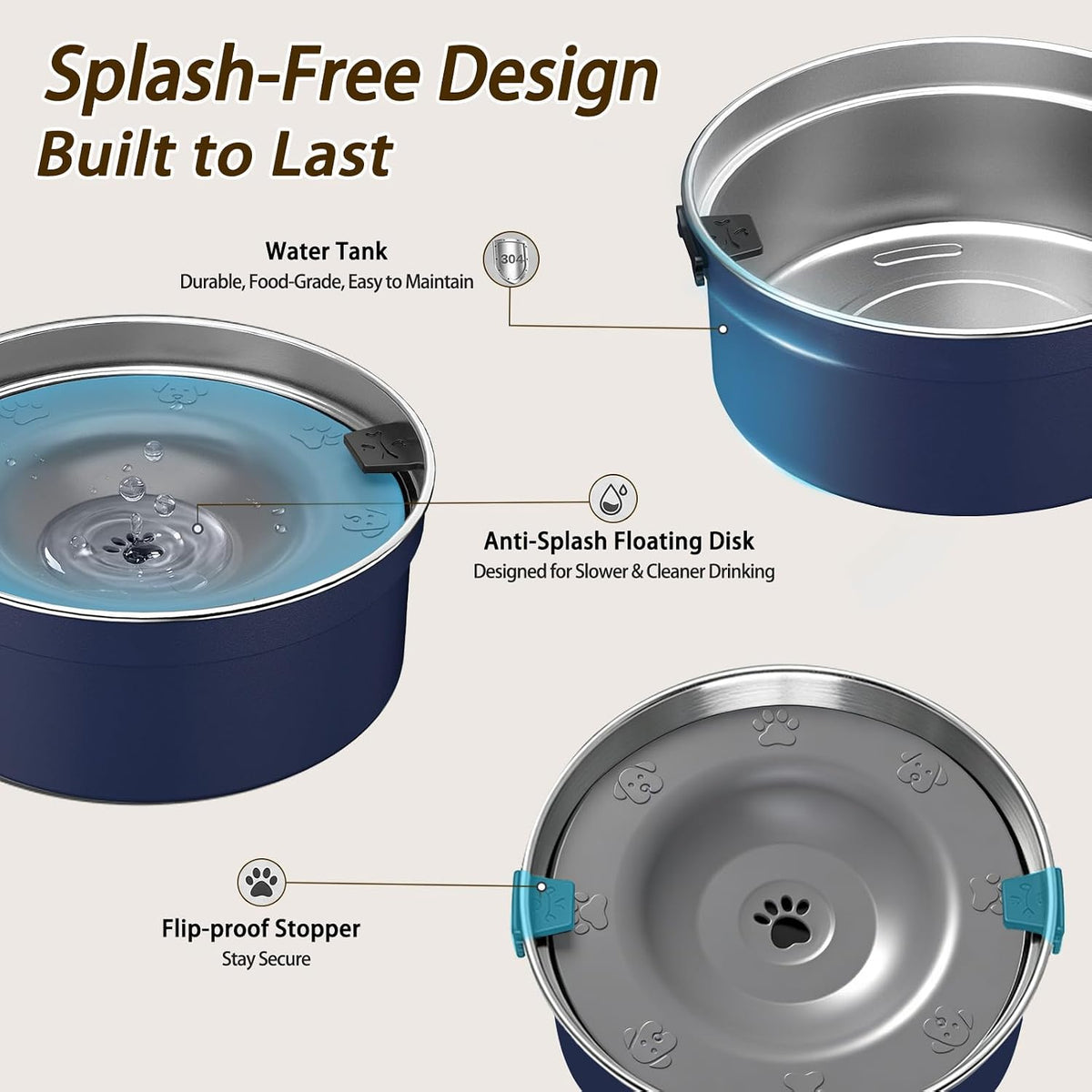 Dog Water Bowl No Spill, 1.5L/50oz Stainless Steel Slow Water Bowl for Dogs, Spill Proof Dog Bowl - Blue - image 3