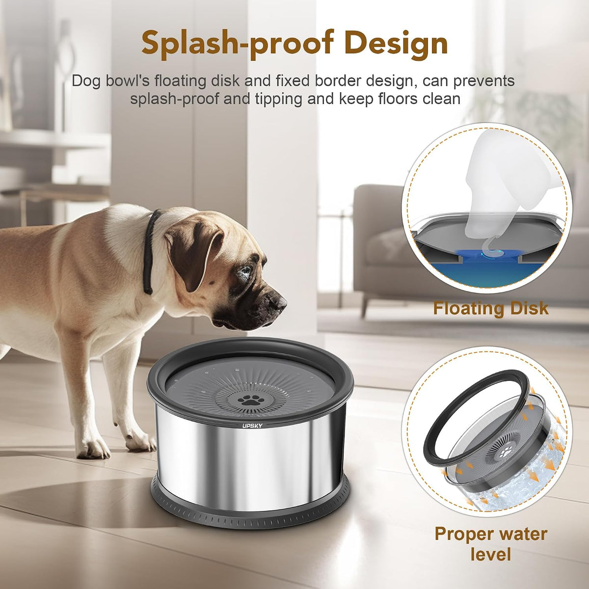 UPSKY 6.5L No Spill Dog Water Bowl Stainless Steel with Anti-Slip Mat – Essentials for Dogs - D.2.5L / Grey - image 2