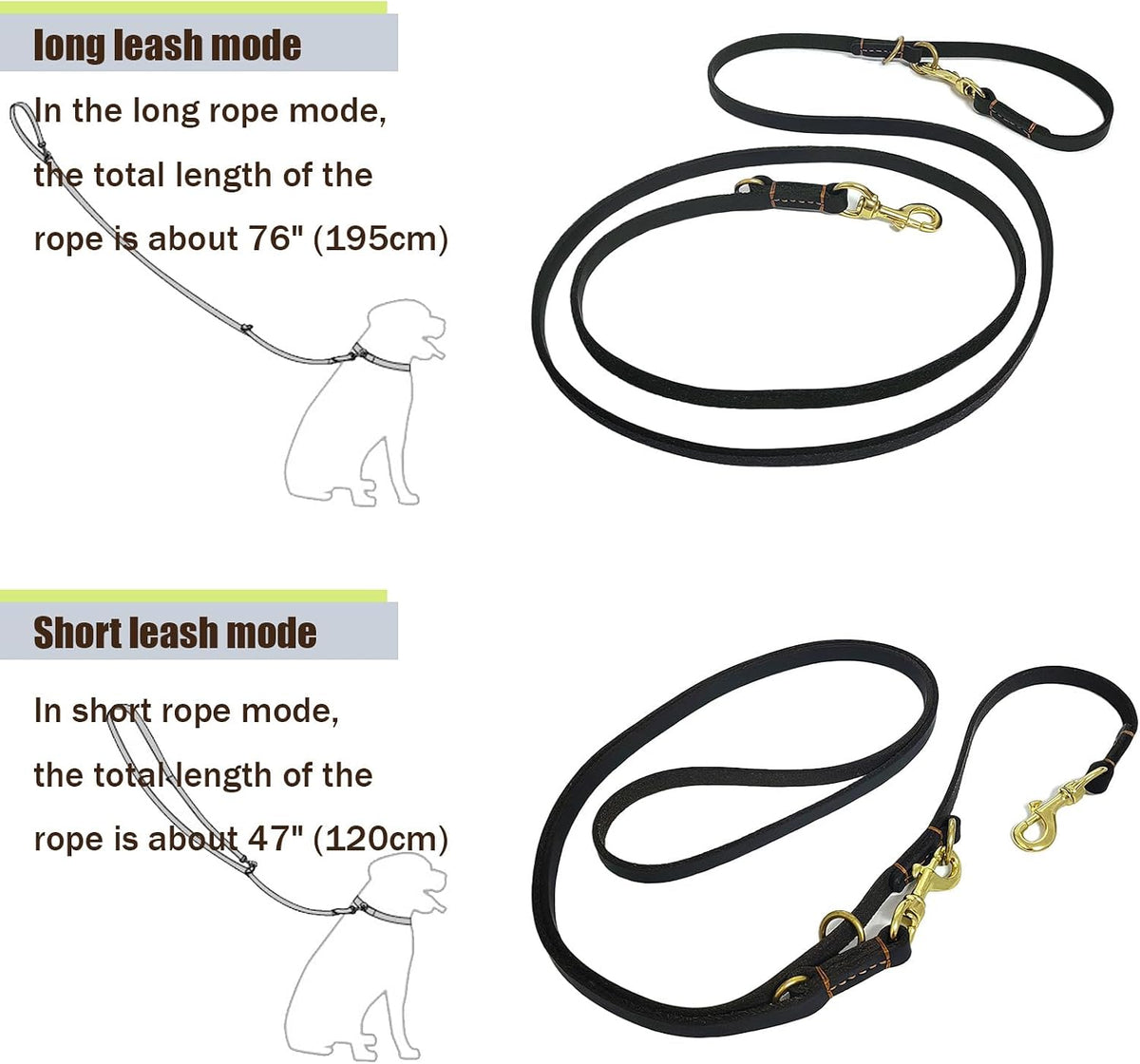 LWBMG Multi Function Leather Dog Leash 8ft Genuine Leather Leash - 8ft x 5/8inch / Black - image 3