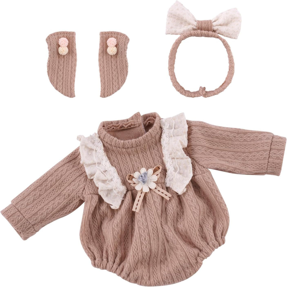 BABESIDE 3 piece baby doll clothes set, pink knit romper with headband and socks - view 2