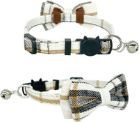 2 Pack/Set Cat Collar Breakaway with Cute Bow Tie and Bell for Kitty - Brown+Beige / Plaid - image 4