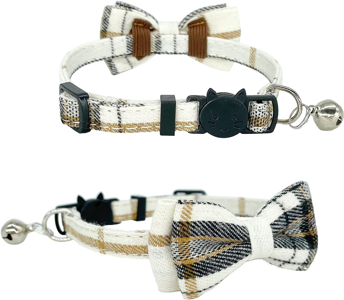 2 Pack/Set Cat Collar Breakaway with Cute Bow Tie and Bell for Kitty - Brown+Beige / Plaid - image 4