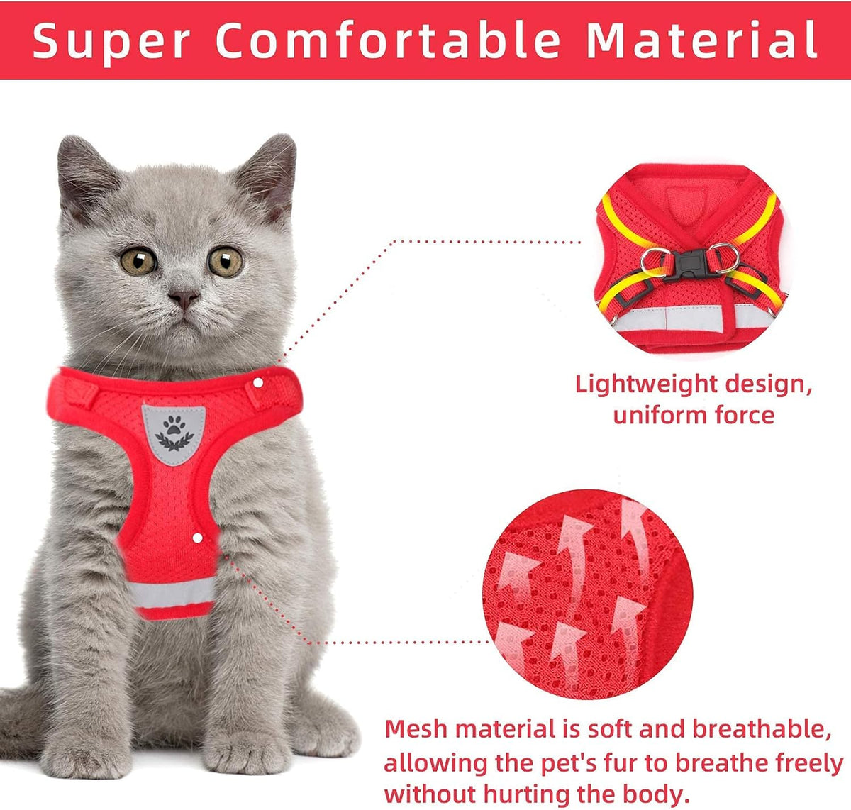 Cat Vest Harness and Leash Set - Red / Medium (Chest: 14"-15") - image 2