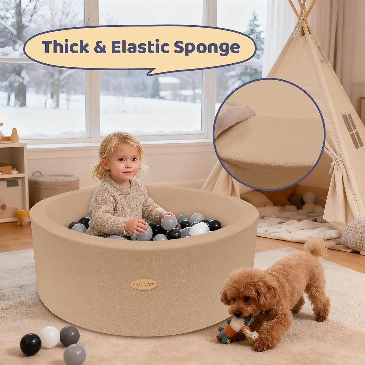 HARBOLLE 35.4" Soft Fleece Ball Pit for Toddlers - Brown - image 3