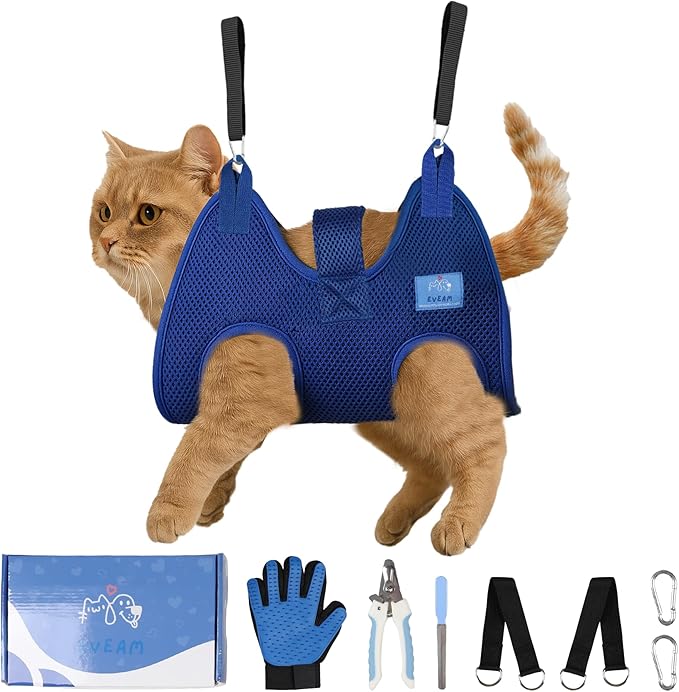 Pet Grooming Hammock for Cats & Small Dogs – Nail Clipping Kit with Sling, Clippers, File, Glove, Straps & Carabiners – Ideal for Trimming & Ear Cleaning – [S/XS] (Pink, Small)