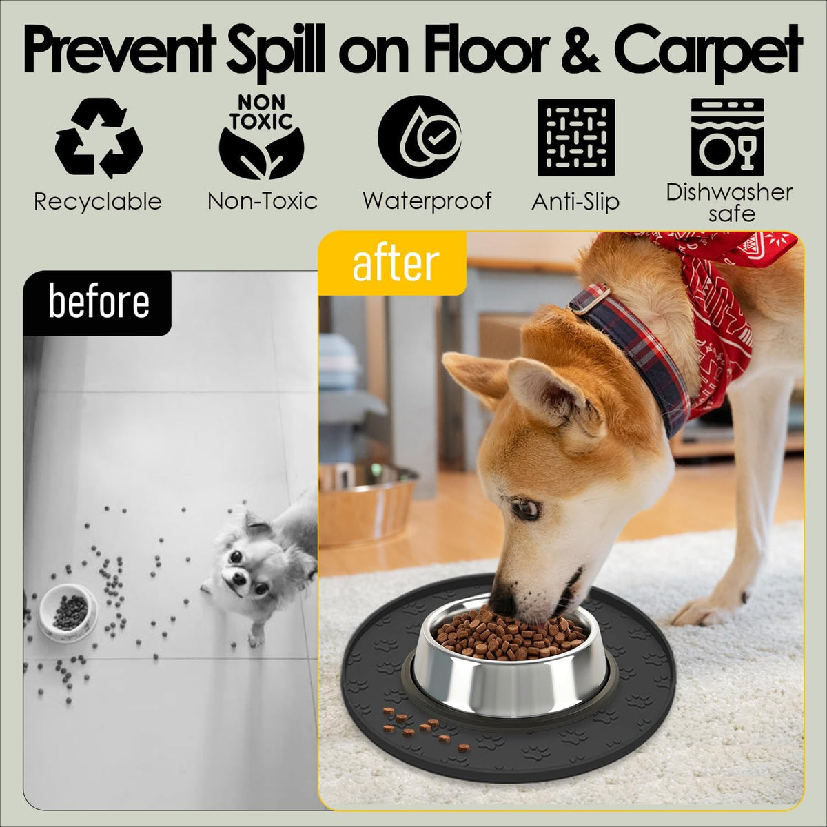 Pet Feeding Mat, Waterproof Anti-Slip Placemats for Dog Cat Bowl Silicone Pet Food Mat, Raised Edge - 1 Black / 10.9"L x 10.9"W - image 2