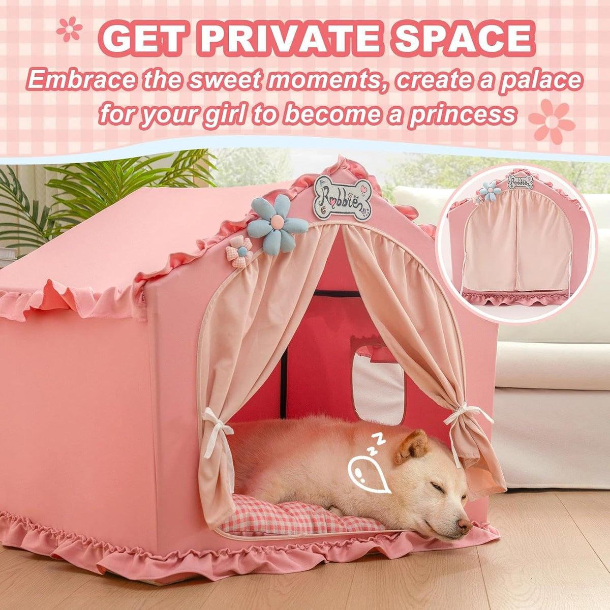 Indoor Dog House with Frame, Cute Dog Tent Bed with Cover Cave - Large ( 25" × 25" × 25" ) / Pink - image 4