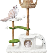 Easyego Modern Cat Tree, 26.3" Aesthetic Wood Cat Tree Tower for Small Cats – Essentials for Cats - White&Green / 45.6''