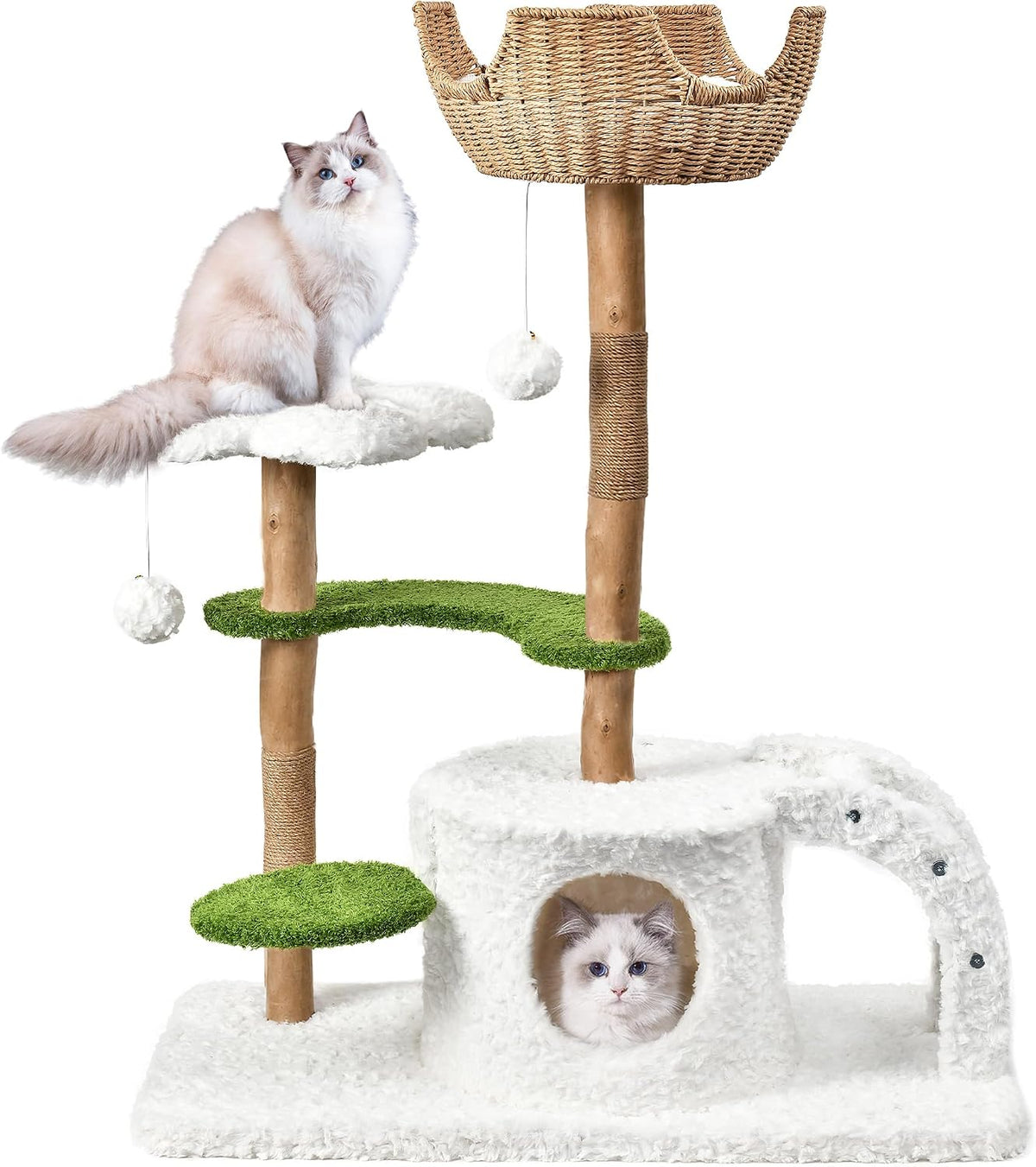Easyego Modern Cat Tree, 26.3" Aesthetic Wood Cat Tree Tower for Small Cats – Essentials for Cats - White&Green / 45.6''