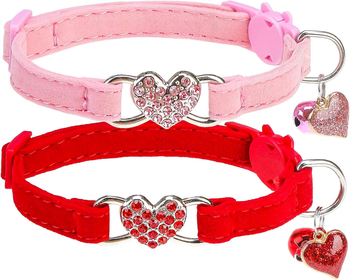 2 Pack Soft Velvet Safe Bling Diamond Cat Collars with Bells – Essentials for Cats - Red + Pink / 9"-12" Cats / Mini Dogs