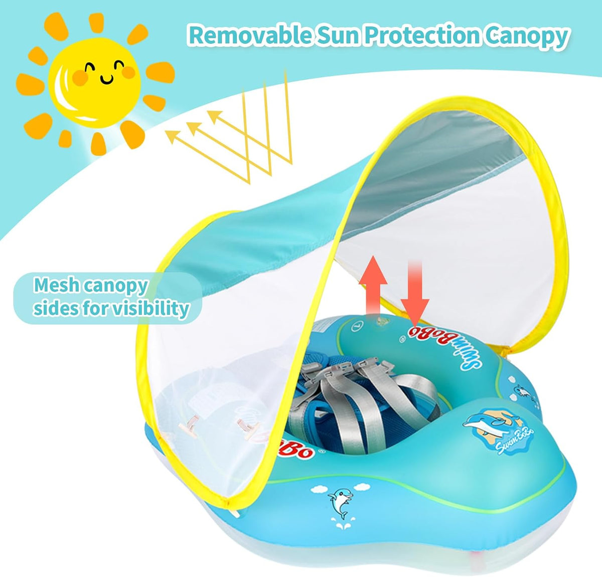 Swimbobo Inflatable Baby Swim Float with Sun Canopy Size Improved - Large / Blue Dolphin - image 3