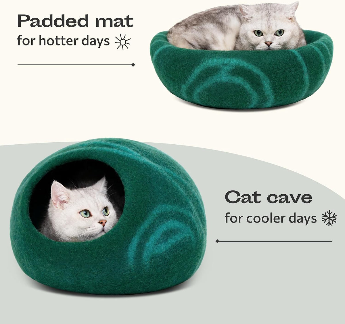 Cat Cave, New Zealand Wool Bed for Indoor Cats - Emerald / Medium - image 4