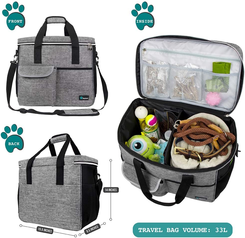 PetAmi Dog Travel Bag Organizer, Pet Supplies Diaper Tote - Large - 15.5"L x 9.5"W x 14.0"H / Grey - image 2