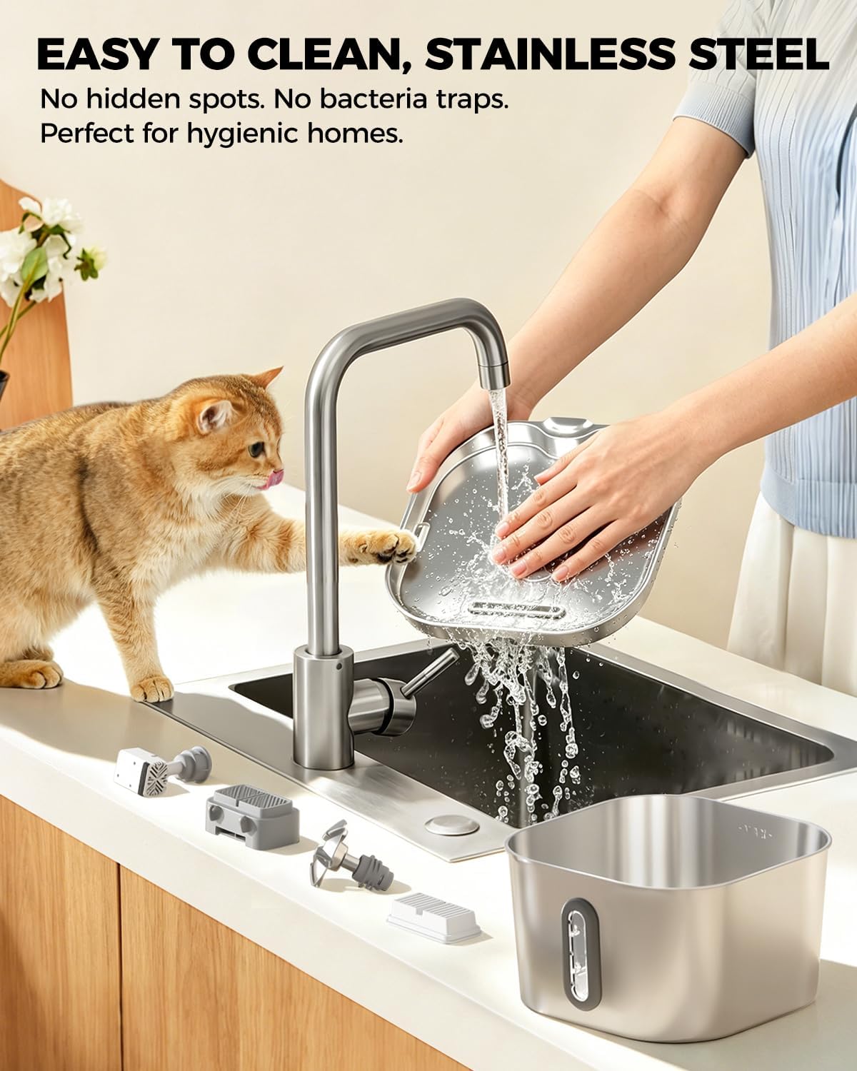 Cat Water Fountain Stainless Steel 74oz/2.2L with 3 Filters & 3 - 2.2L+6Filters+6Sponges - image 3