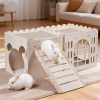 Large Rabbit House, Wooden Bunny Castle with 3 Houses Indoor - 3 Houses with 2 mats - image 2
