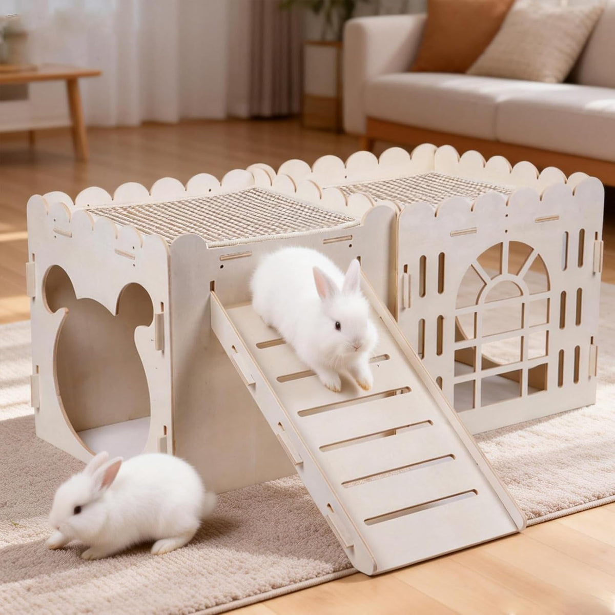 Large Rabbit House, Wooden Bunny Castle with 3 Houses Indoor - 3 Houses with 2 mats - image 2